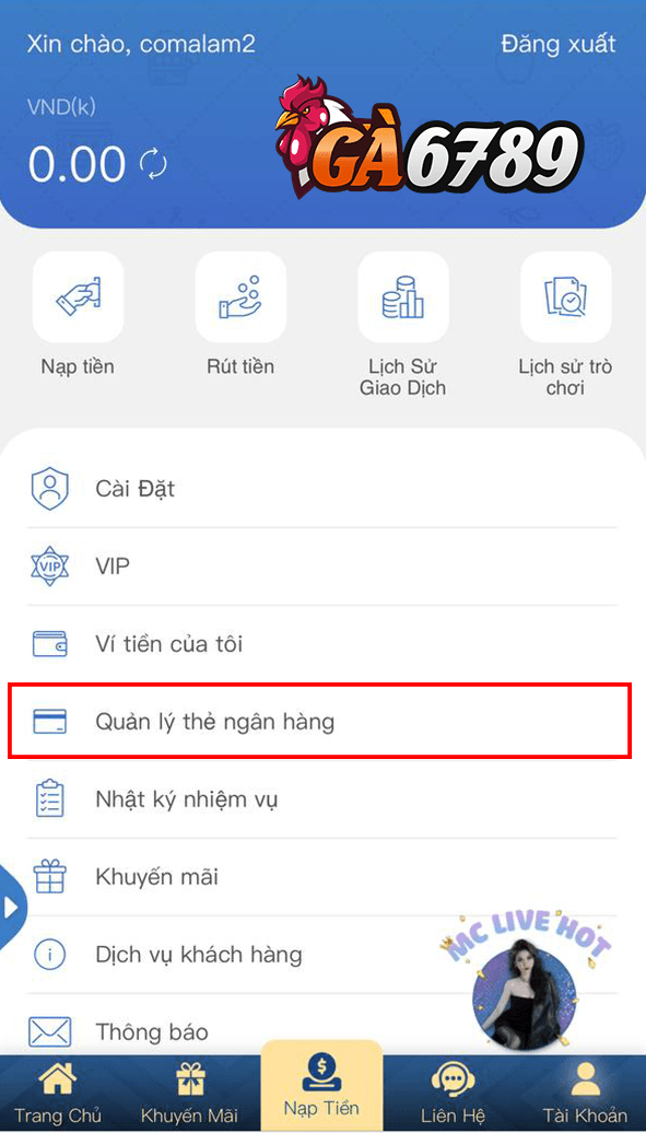 Bấm vào quản lý thẻ ngân hàng Bấm vào quản lý thẻ ngân hàng